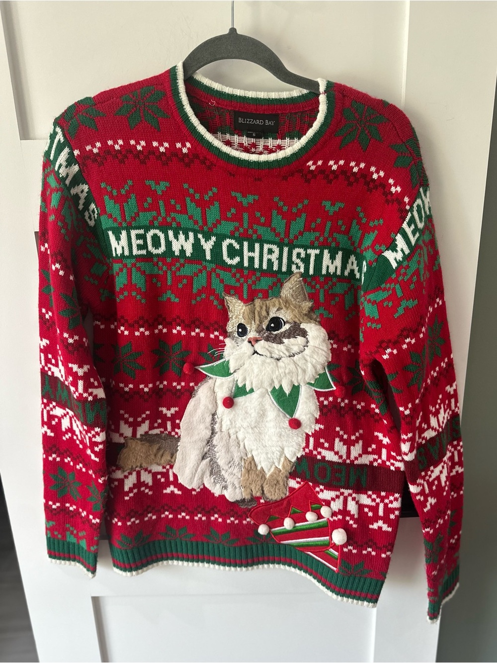 BLIZZARD BAY Cat Embellished Ugly Christmas Sweater Size S Poms furry